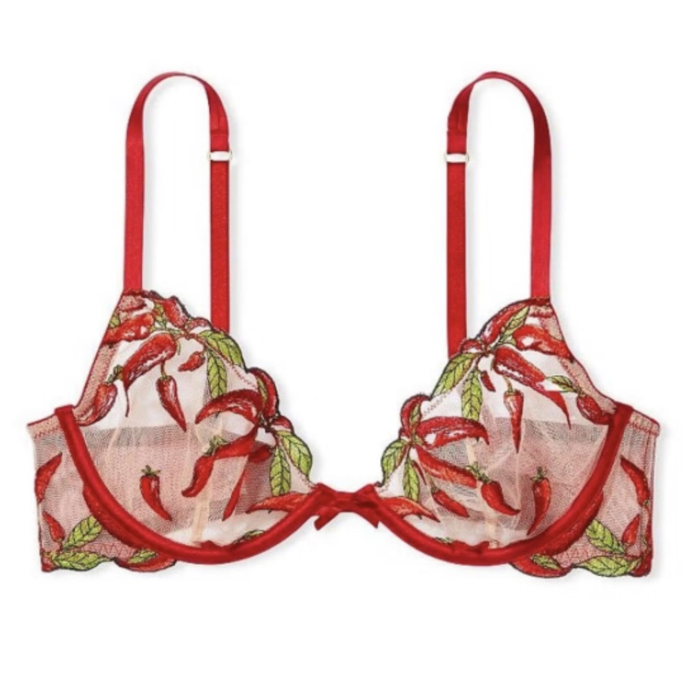 New! Victoria's Secret pepper embroidery unlined Demi bra Red 51378